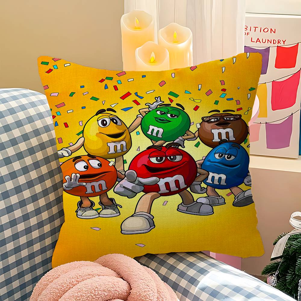 M-M&M Candy Snacks Pillow Covers Cartoon Sofa Decorative Home Double-sided Printing Short Plush Cute Cushion Cover