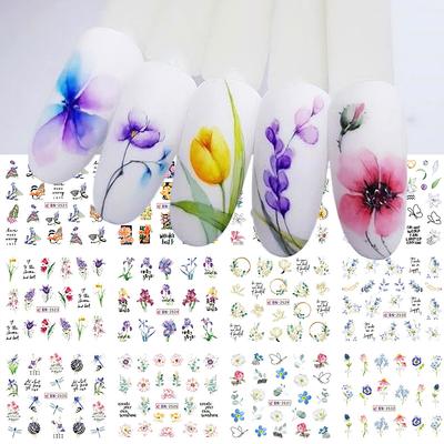Watercolor Flowers Leaves Nail Stickers Geometry Line Graffiti Painted Colorful Slider Water Transfer Decals Manicure Decoration