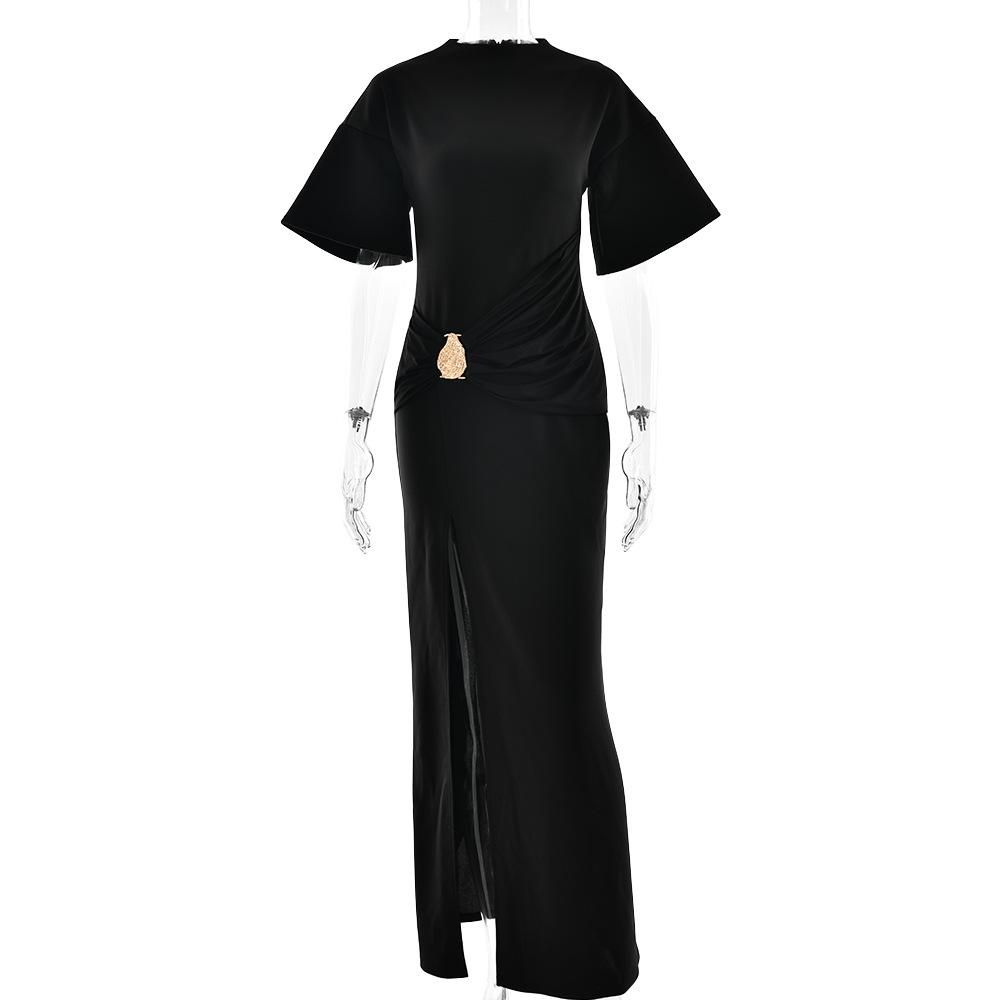 Women s Round Neck Short Sleeve Maxi Dress Slim Fit High Waist Sexy Ruched High Slit Summer Sheath Dress S чёрный