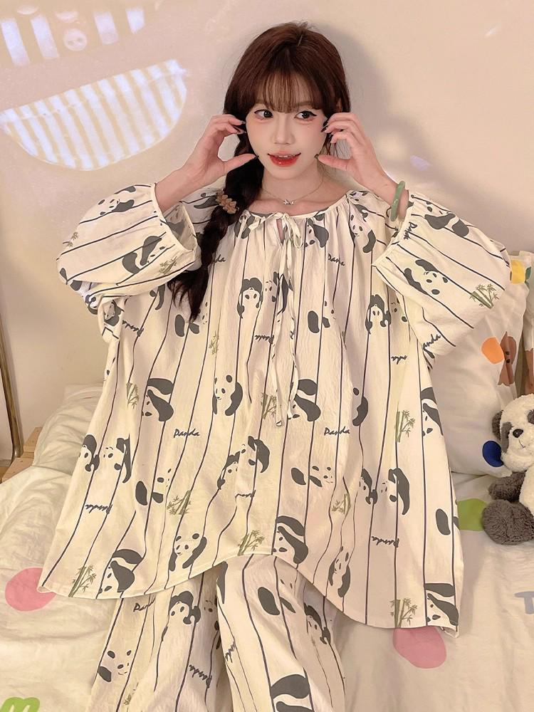 Women's Sweet Pure Cotton Pajama Set - Round Neck, Long Sleeve, Long Pants, Comfortable Home Wear for Spring & Autumn