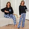 Pyjama 2 pièces pour femme, pantalon à carreaux, chemise à manches longues, vêtements de maison décontractés, printemps-automne
