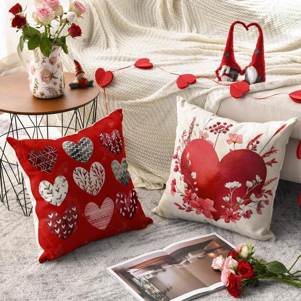 AVOIN colorlife Valentine's Day Love Heart Red Throw Pillow Covers, 18 x 18 Inch Flowers Leaves Anniversary Wedding Cushion Case Decoration for Sofa
