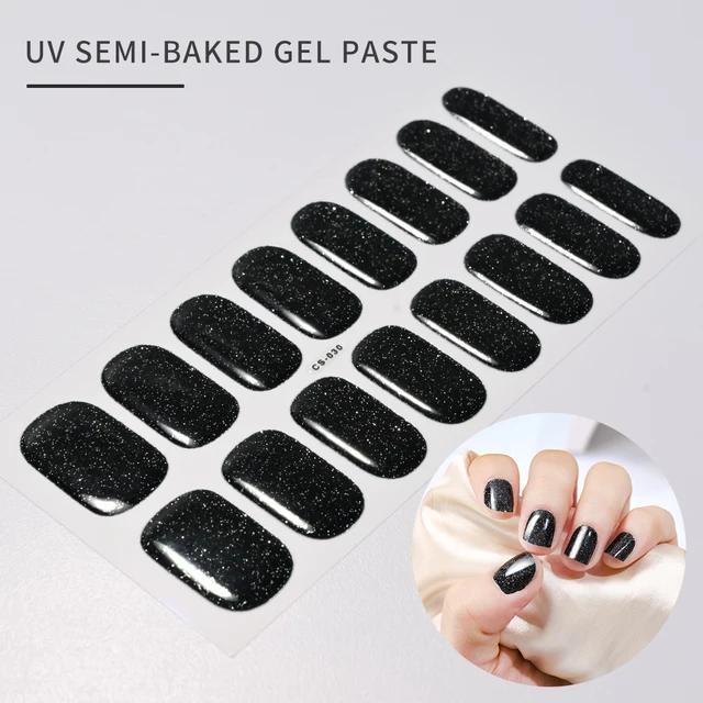 16Tips UV Semi-Cured Gel Nail Art Stickers Combo Pack Glitter High-Gloss Water-Proof Polish Wraps Full Cover Manicure Nails