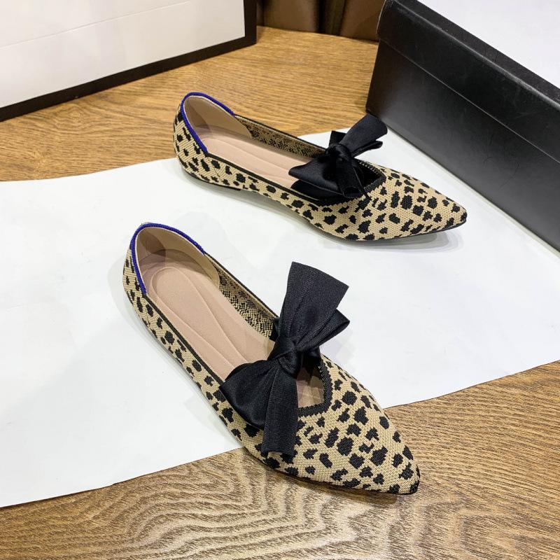 Single shoes women's new bow flat bottom super soft knitted pointed head shallow mouth woven bean shoes