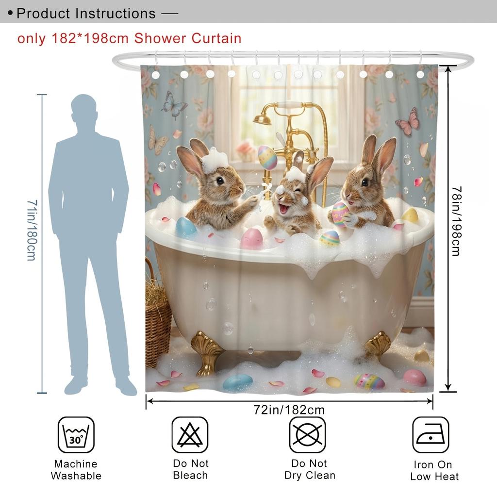Cute Bunnies Taking Bath Shower Curtain Waterproof Easy To Clean Privacy Protection Print Fun Spring Art Design Durablematerials