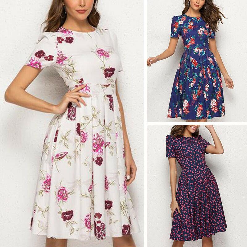 Summer Women Vintage A-line Dress Tunic With Long And Short Sleeve Floral Print