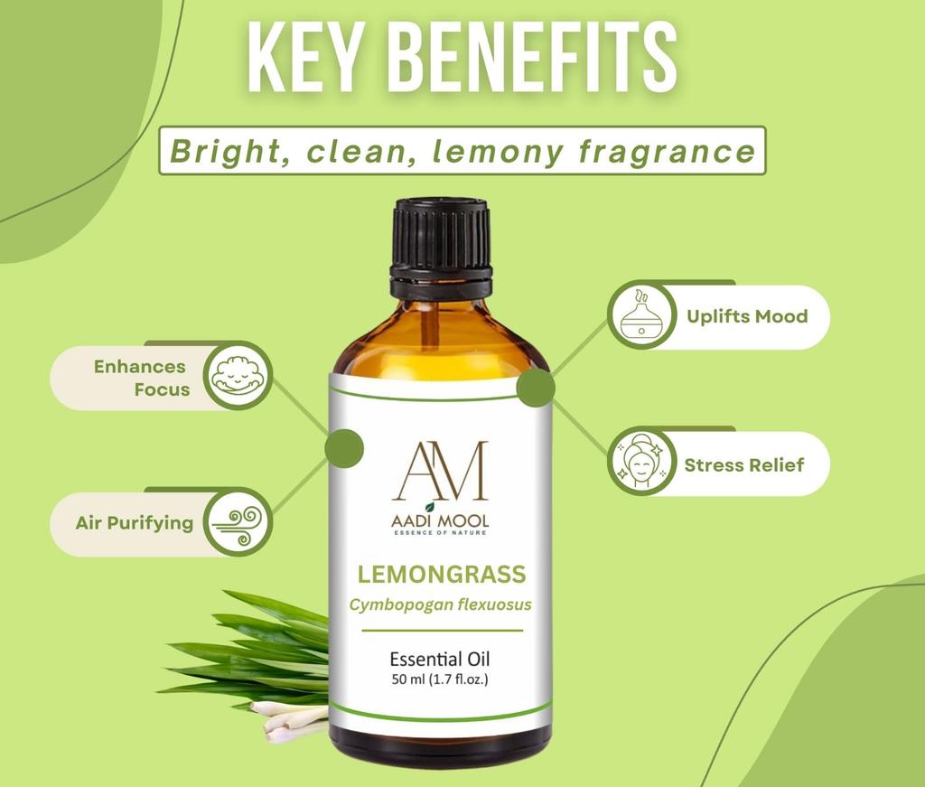 Aadi Mool Zitronengras ätherisches Öl | 100 % rein & natürlich, unverdünnt | Zitronengrasöl für Aromatherapie, Diffusor, Haut- & Haarpflege, Massage, Bad,