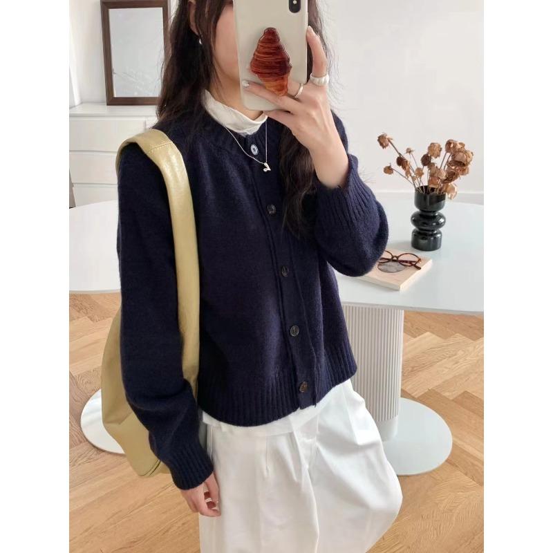 Real Shot Net Color Round Neck Loose Single-breasted Coat Women's Retro Simple Long-sleeved Cardigan Jacket Lazy Wind Top