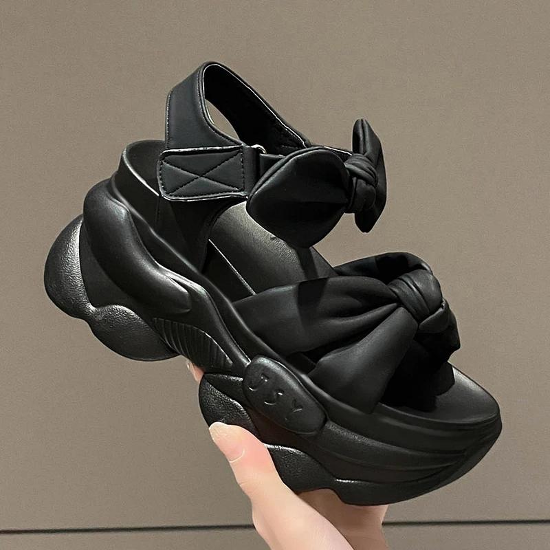 Fashion Summer High-heeled Sandals for Women 9CM Wedge Heel Bow Slippers Fashionable  Outdoor Thick-soled Sandals Beach Casual Slippers