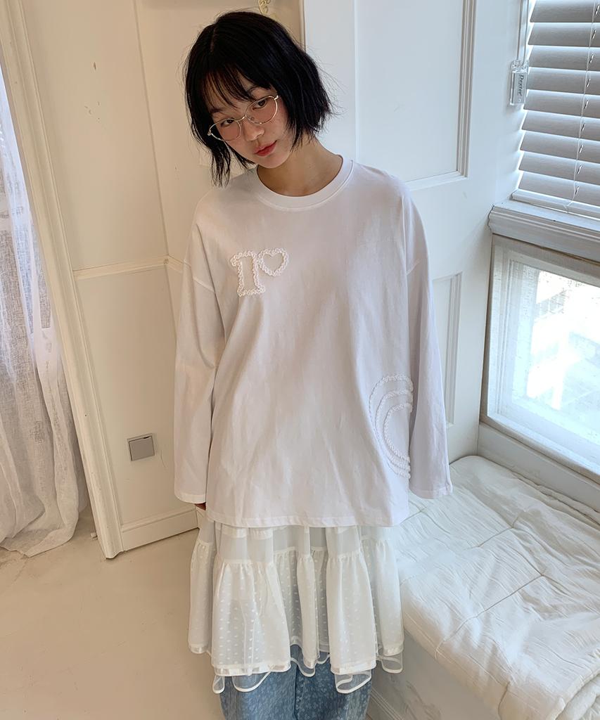 RONRON Heart Embroidered Long Sleeve T Shirt White
