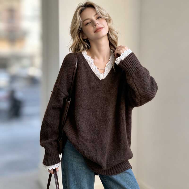 Eleganter Spitzen-Patchwork-Pullover, Neuer Koreanischer Modetrend, Pullover, Süße Oberteile, Damen Strickwaren, Lässige Herbst- und Winter-V-Ausschnitt-Langpullover, Einfarbige Kleidung