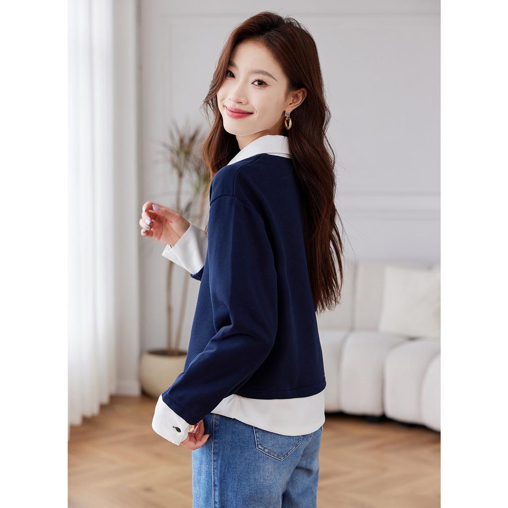 No Matchmaking Fake Two-piece Spring and Autumn Women's Contrasting Button Age Reduction Lapel Long Sleeve Base Inner Sweatshirt Top