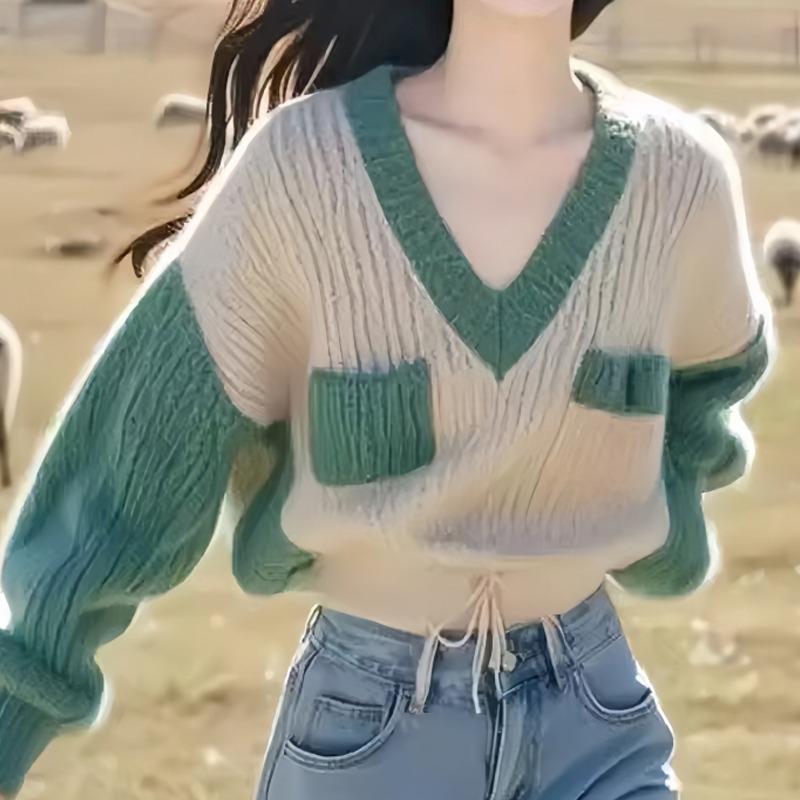 

Модный женский свитер-пуловер с V-образным вырезом и вставками, 2025, новый, свободный, элегантный, вязаный, с длинным рукавом, повседневный топ, женская простая уличная одежда One Size