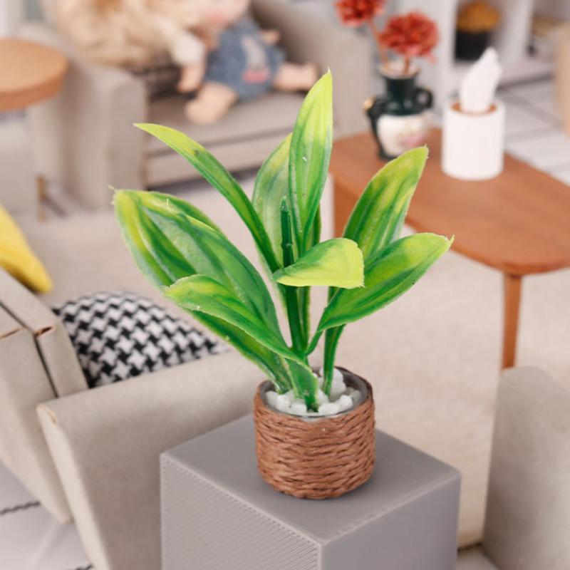 1Pcs 1:12 Scale Mini Artificial Potted Plant Woven Pot Fake Greenery for Dollhouse Micro Landscape DIY