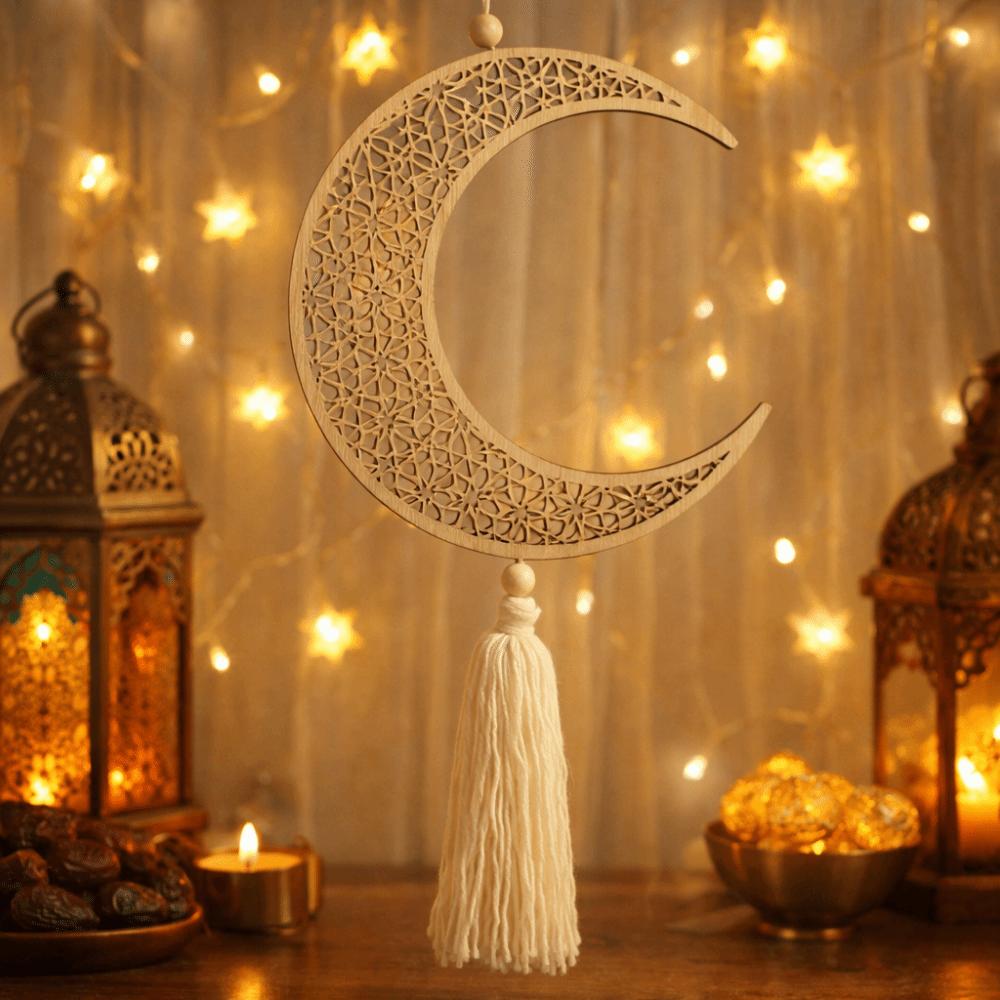 Wooden Material Ramadan Ornaments Moon Shape Star Shape Hanging Decor Hollow Mesh Tassel Design Muslim Decor Ramadan Celebration