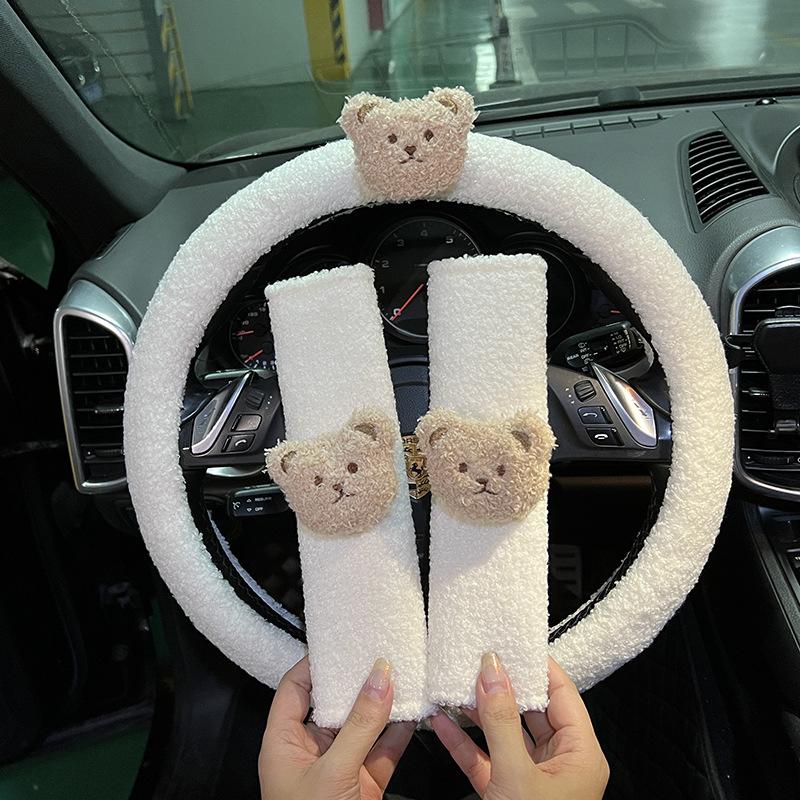 Cute Cartoon Bear Universal Car Steering Wheel Cover Winter Warm Faux lamb Plush Car Wheel Protector Decoration Women Girls