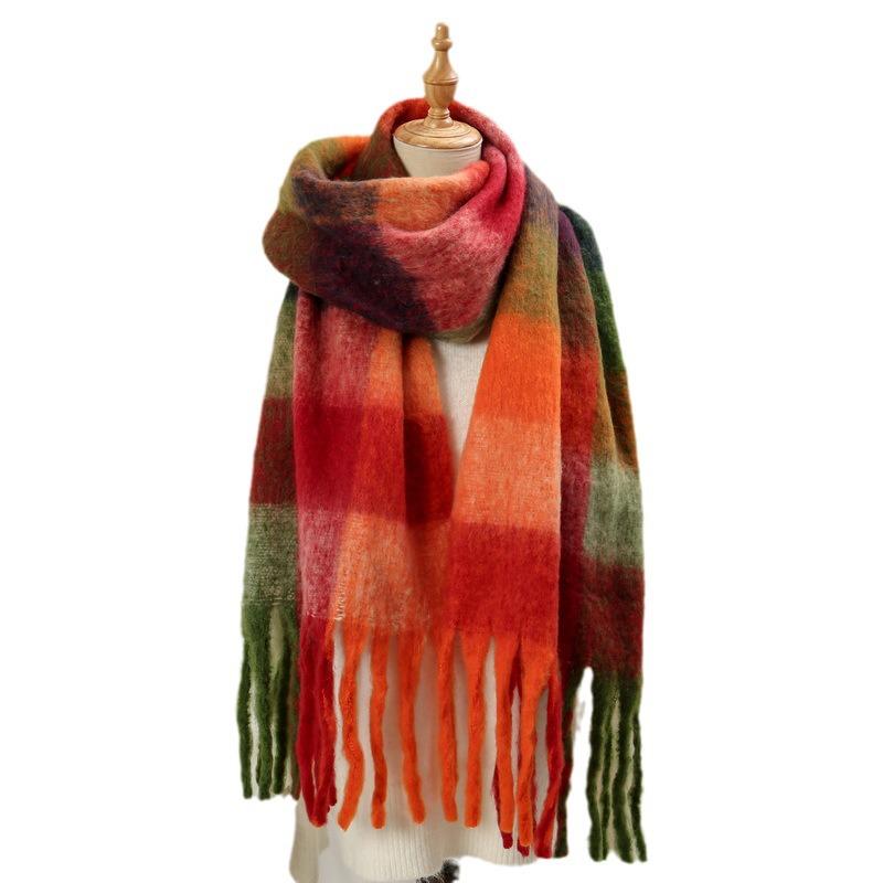 Rainbow Mohair Plaid Scarf - Thick, Chunky, Warm Winter Tassel Neck Warmer in Four Colors