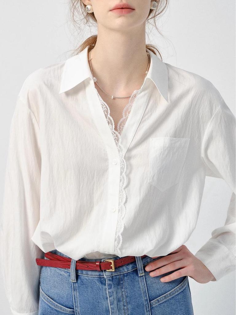 Women's VEGA Long Sleeve White Shirt - 2026 Spring Auroral Style with Lace Trim