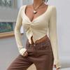 European and American women's clothing autumn and winter new slim-fitting v-neck kinked fashion knitted sweater ultra-short long-sleeved top