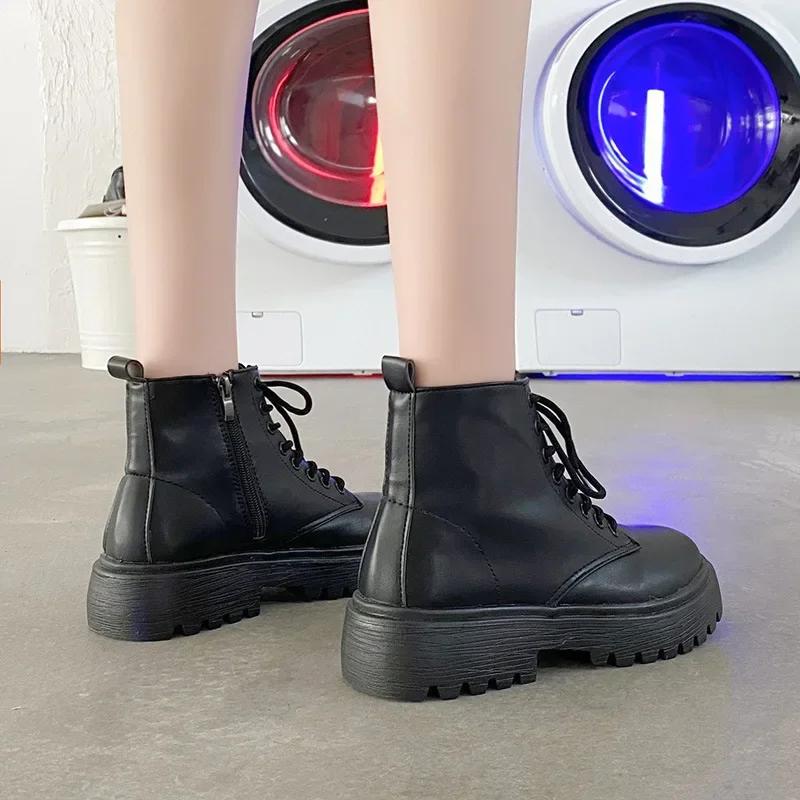 Fashion Plus Size 43 Women Motorcycle Ankle Boots Wedges Female Lace Up Platforms Black Leather Oxford Shoes Woman 2025
