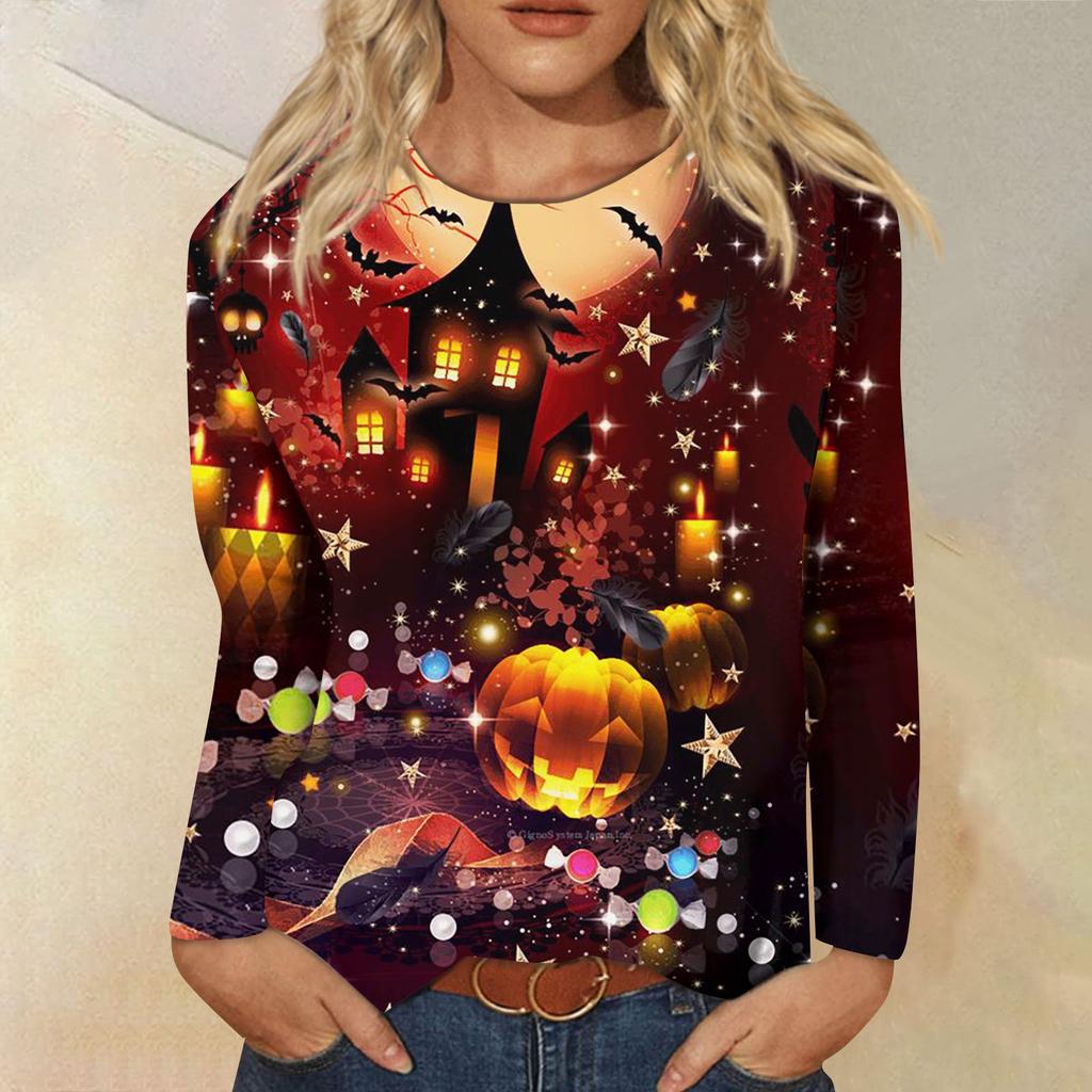 Damenmode Lässig Langarm Gestreift Halloween Bedruckt Rundhals Oberteil