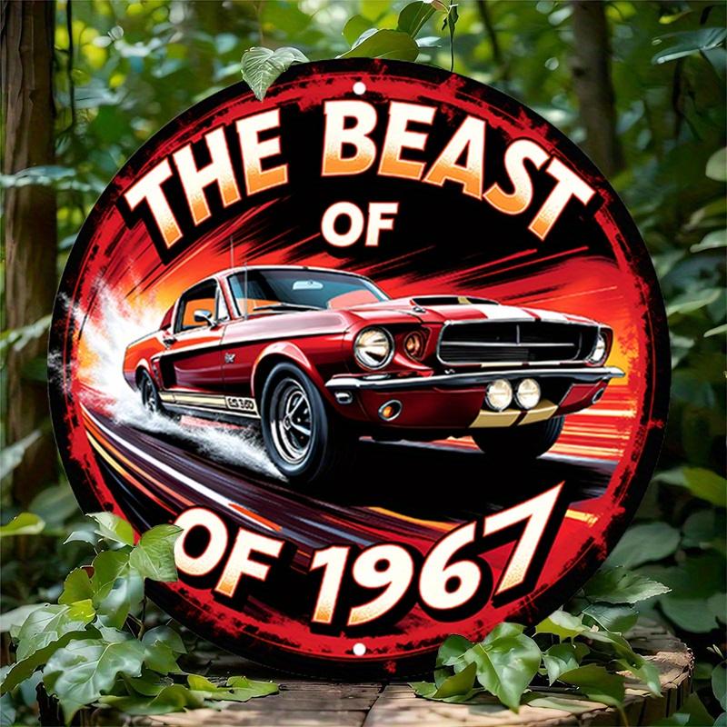 D Flat pc Vintage Red Muscle Car Round Aluminum Sign The Beast of meter Rustic Wall Art Bohemian Style Framel