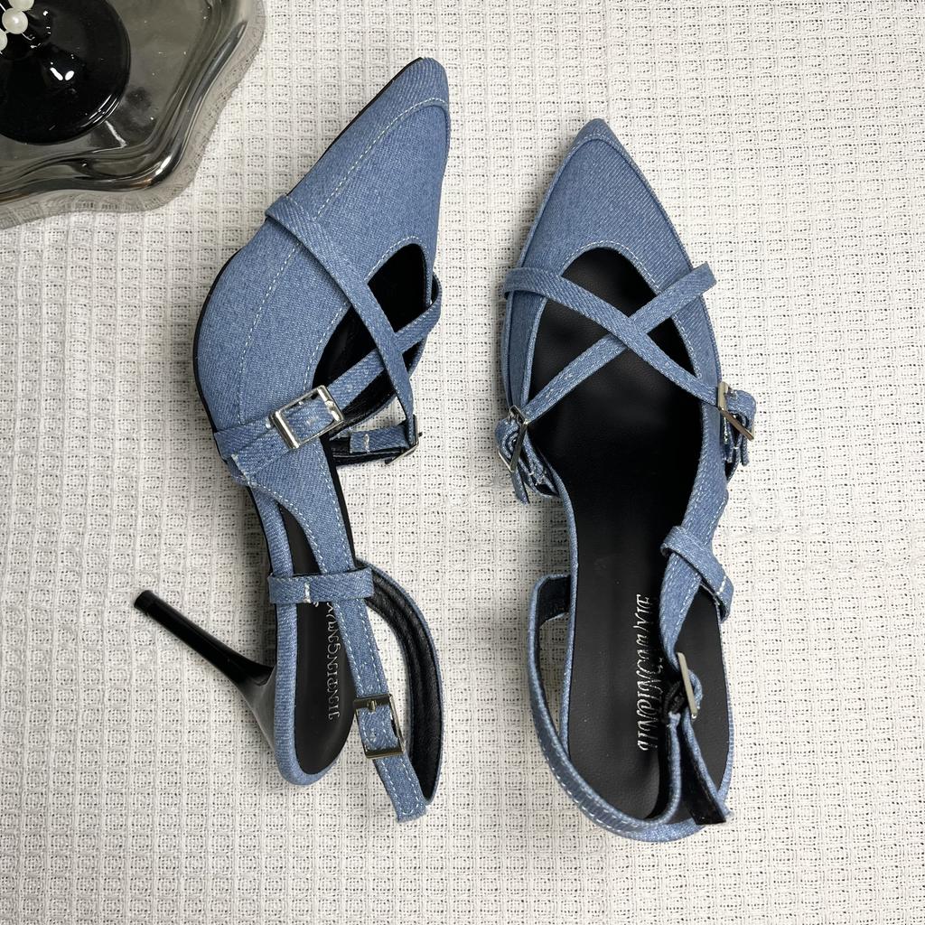 2025 New Women's Jeans Heeled Sandals Pointed High Heel Office Lady Shoes Beautiful Women High Heels  Shoes  Sandalias Mujer
