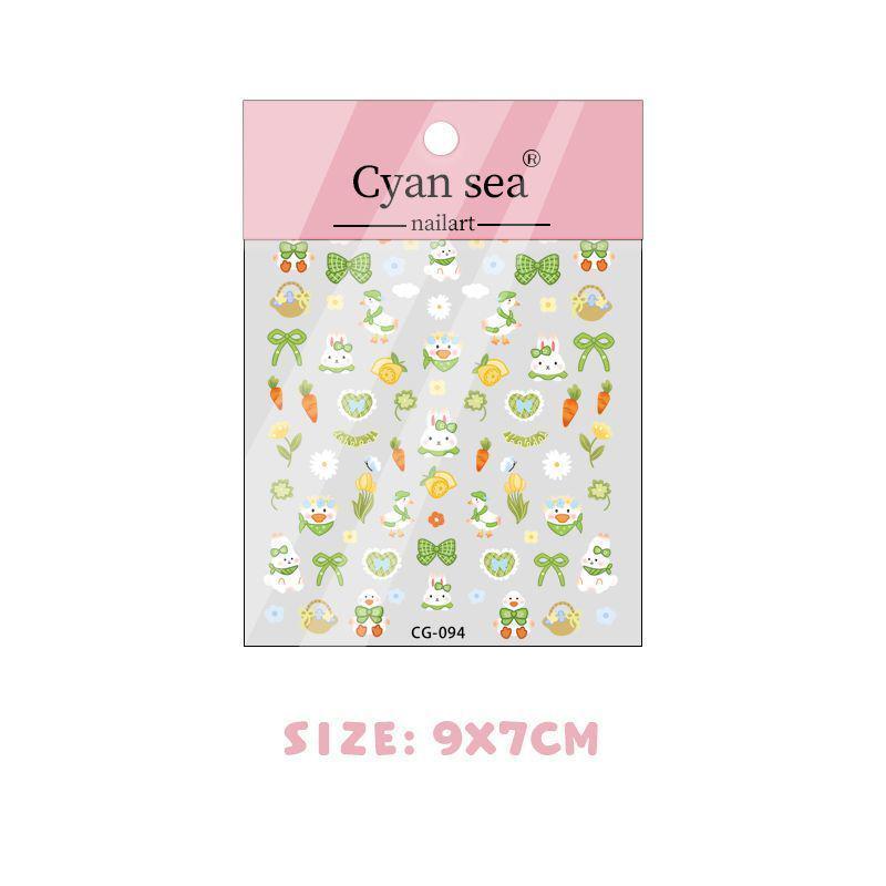 Небесно-голубые милые кролики и цветочные наклейки для ногтей - Свежий девичий стиль DIY Fresh Bunny