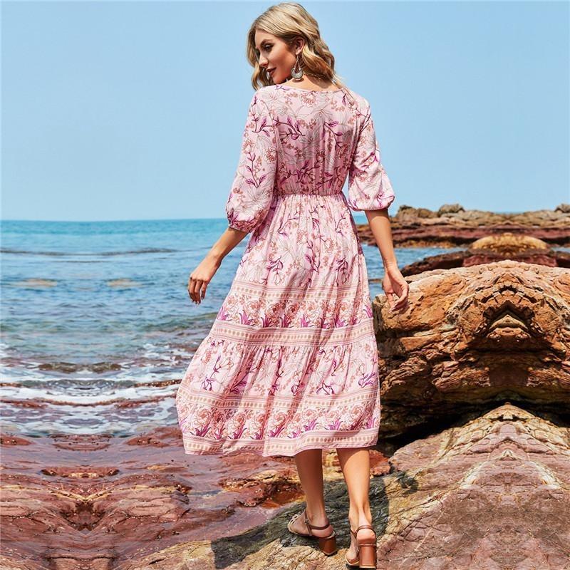 Damen-Frühlings- und Sommerkleid, A-Linie, mittellang, V-Ausschnitt, hohe Taille, halbe Ärmel, Böhmen-Blumendruck, Blau, Rosa, Rosenrot, S-XL