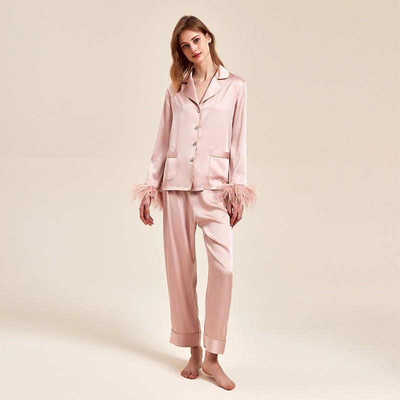 Set Pigiama da Donna in Raso con Collo Manica Lunga Pantaloni Seta di Ghiaccio Leggero Pigiama Loungewear per la Casa