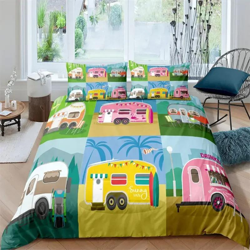 God camping Dynetrekk Queen Tegneserie Campingvogn Campingsengesett Gårdshusstil 3D Bobil Dynetrekk med putetrekk