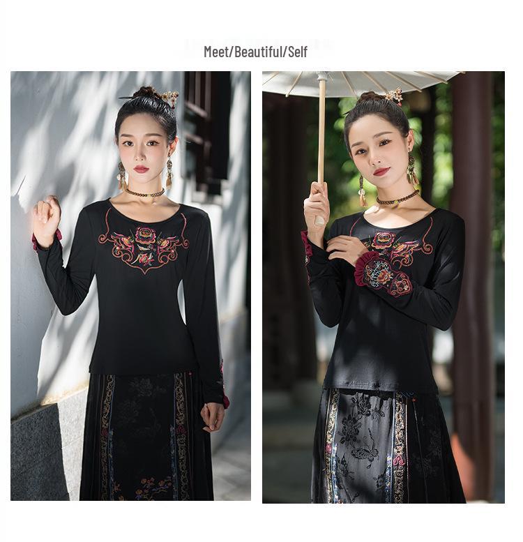 Women's Slimming Ethnic Embroidered Ruffle T-shirt