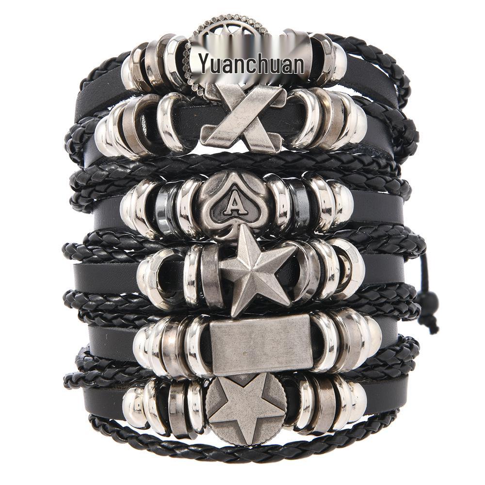 Handmade Cross-Border Leather Beaded Bracelet DIY Set: Men's Punk Vintage Bangle