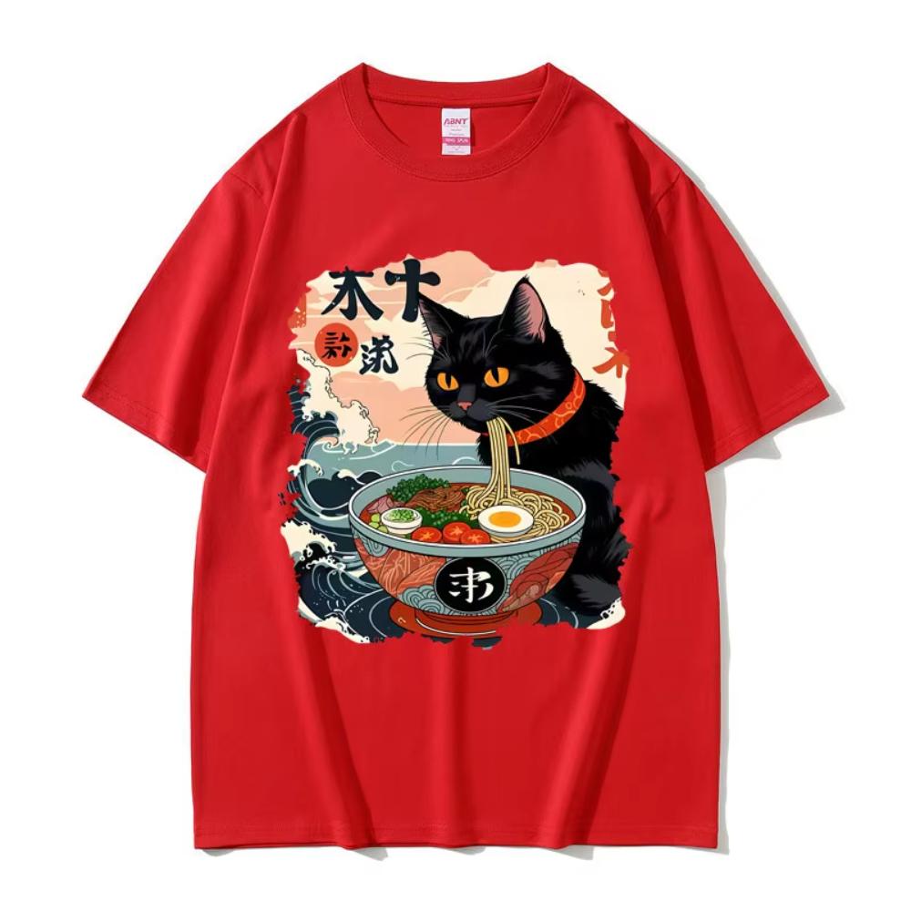 Anime Ramen Katt Rolig Meme T-shirt Vintage Japansk Kawaii Nudel Katter Grafisk T-shirt Herr Dam Mode Casual Bomulls T-shirt