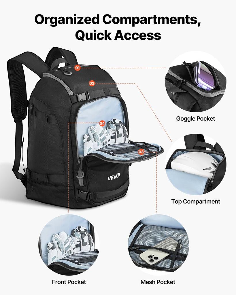 Ski Boot Bag, 55L, Snowboard Boots Travel Backpack for Men Women, with Waterproof Exterior & Bottom, Durable 1680D Oxford, Bag for Skis, Snowboard,