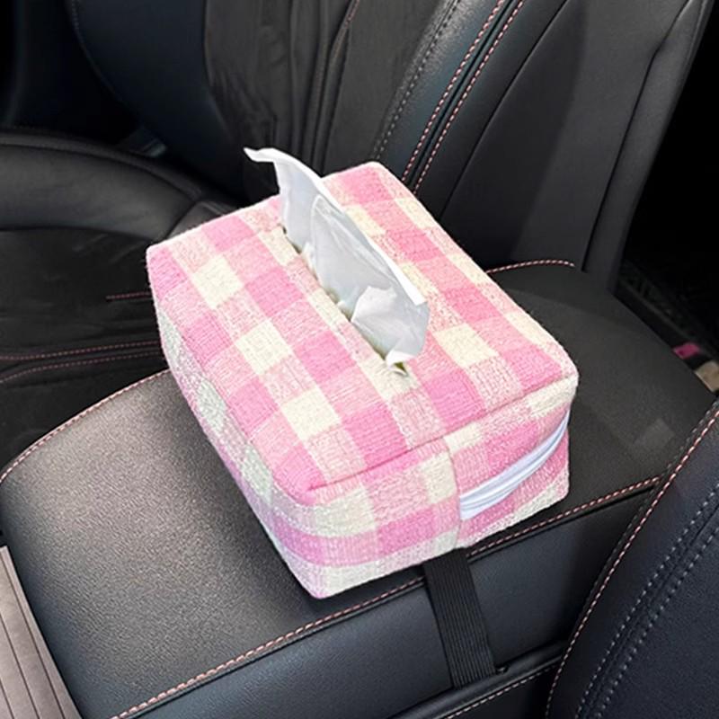 Cartoon Bear & Bunny Plaid Tissue Box for Car Seat Back, Armrest, or Sun Visor