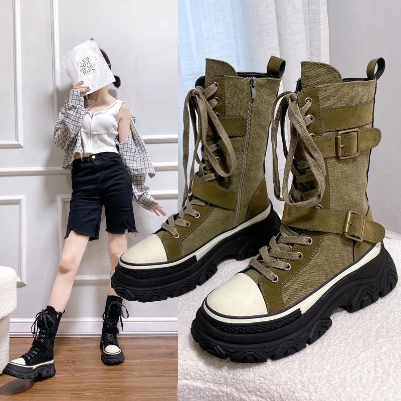 Fashion Autumn Nubuck Leather Boots Women's Thick-soled Mid-calf Non-slip Sneakers Round Toe Front Lace-up Motorcycle Boots