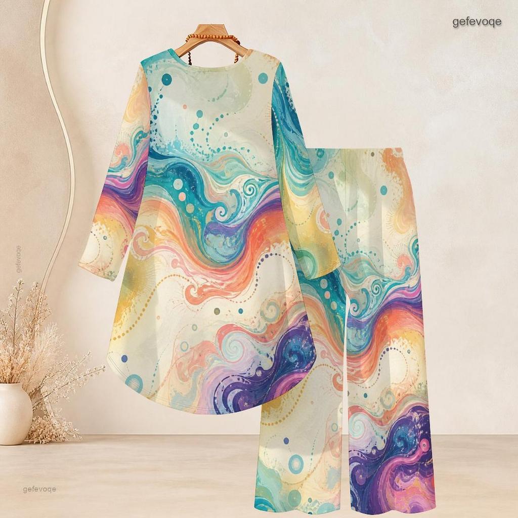 Women Plus Size Round Neck Long Sleeve Printed High Low Top Wide Leg Pants Two Piece Set Red Black