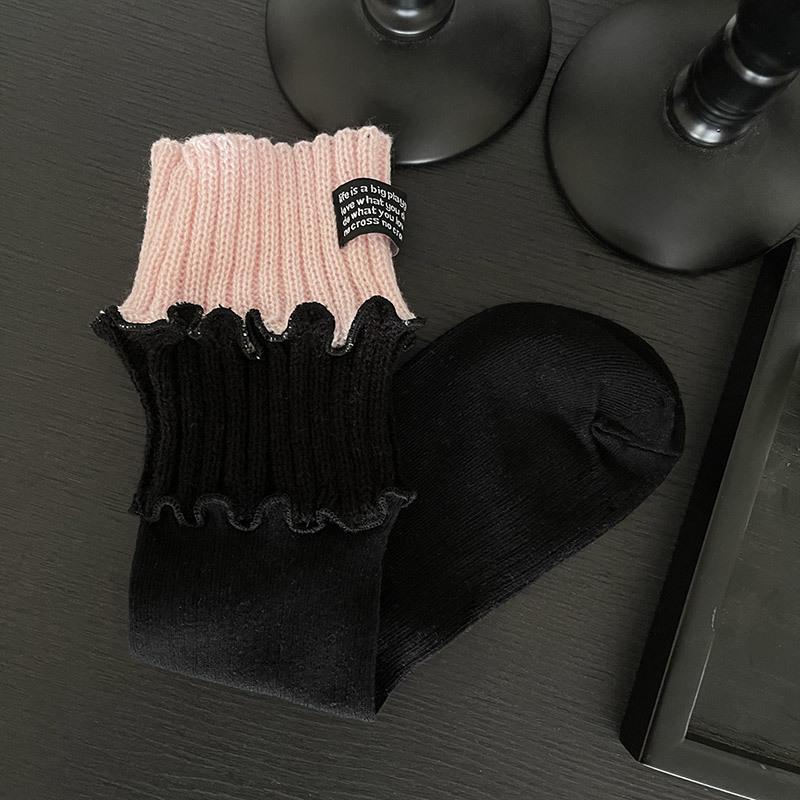 1 Pair New 2025 Autumn Style Knit Trim Cotton Socks for Women Ruffle Lace Embroidered Letter Mid Calf Slouch Socks for Girls