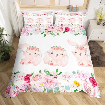 Ensemble Housse de Couette Lapin Mignon Twin Queen Coloré Fleur Ensemble de Literie Microfibre Botanique Floral Dessin Animé Animal Housse de Couette