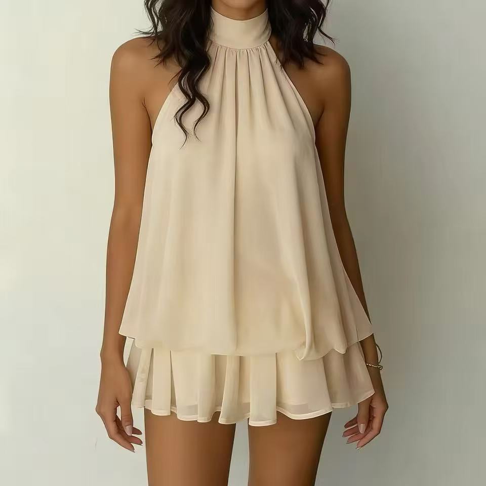 2026 summer neck sleeveless dress for women, double-layer ruffle edge loose and thin black short skirt