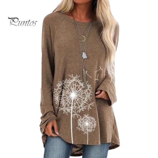 Damen-Tunika-Oberteil in Übergröße mit Löwenzahn-Print, Longline-Shirt, Rundhalsausschnitt, Langarm, Pullover, T-Shirt, lässige Bluse mit lockerer Passform für die Arbeit, den Alltag
