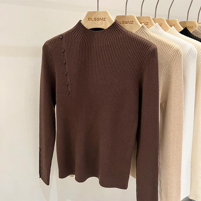 Ladies Autumn Winter Long Sleeve High Collar Slim Fit Basic Button Solid Color Pullover Knitted T Shirt Top for Layering