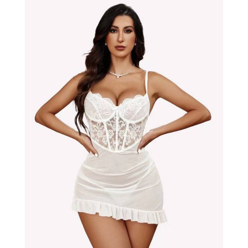 Lace Fishbone Lingerie Sleepwear Set With Sheer Material For Nightwear And Lounge
