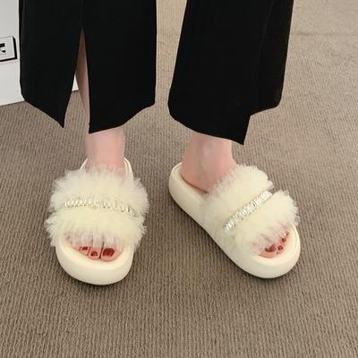 Fashion Rhinestone Mesh Design Casual Slippers for Women 2025 Summer New Open Toes Thick Sole Comfortable Sandals Fashion Beach Draggers