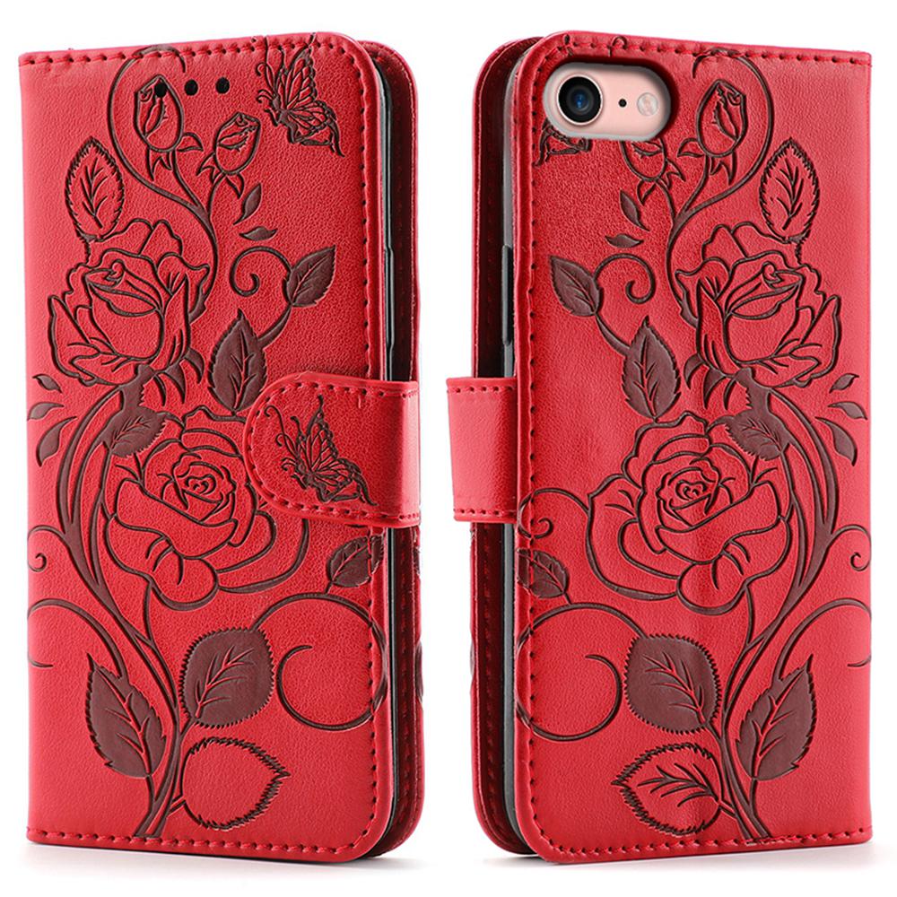 For iPhone 16e Case Wallet Stand Imprinted Rose Butterfly PU Leather Phone Cover