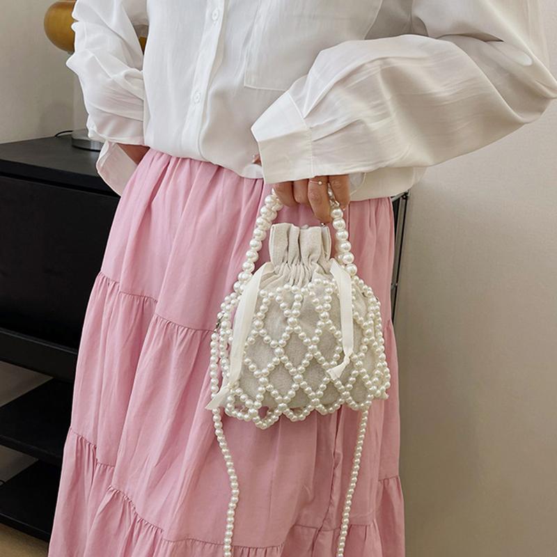 Vintage Top Handle Pearl Women Handbag Summer Hollow Out Beach Bucket Girl Shoulder Crossbody Bag
