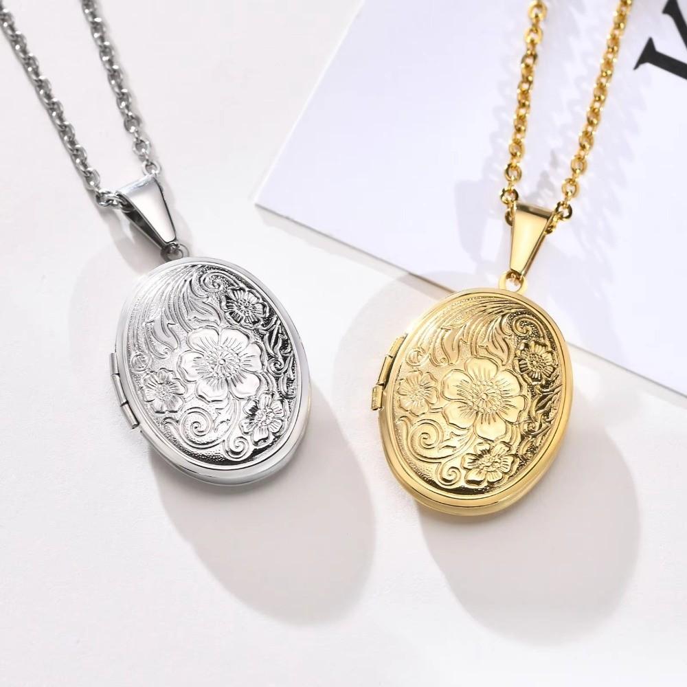 Flower Carved Pendant Necklaces Oval Keepsake Collar Delicate Photo Locket