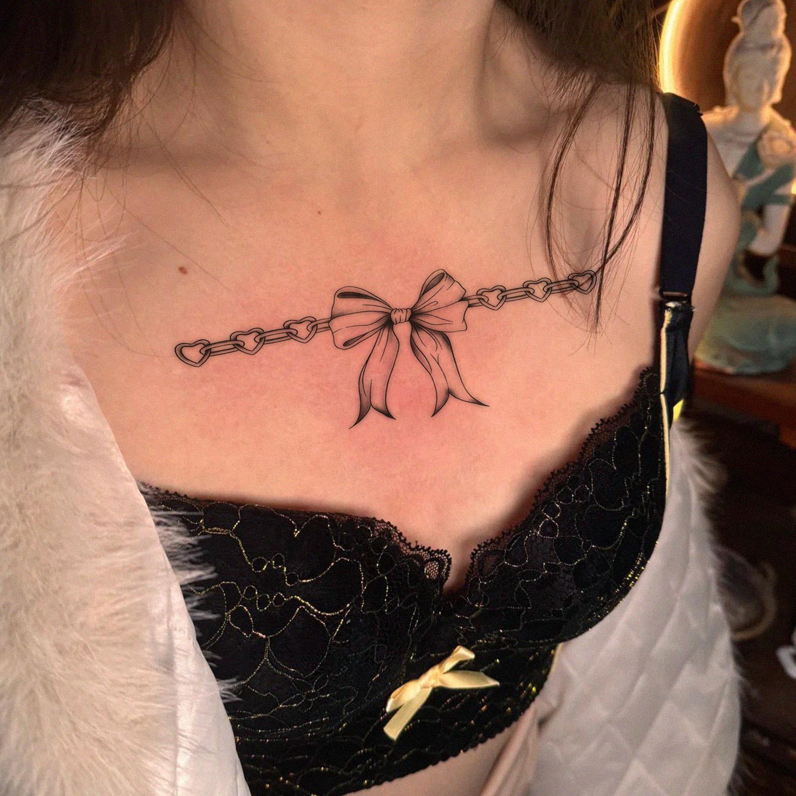 Glow Makeup Unisex Love Chain Bow Tattoo Sticker, Waterproof And Long-Lasting, Women's Collarbone Advanced Sense Simulation Tattoo