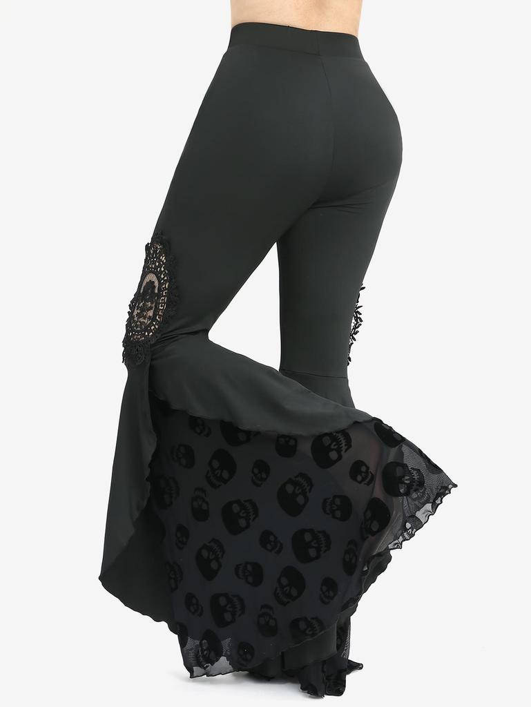 Rosegal Plus Size Skull Mesh Flocking Ruffles Floral Applique Pocket Flare Pants